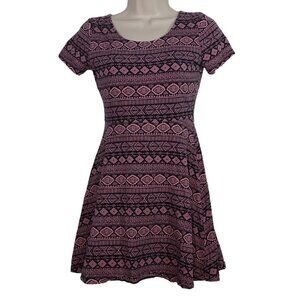 Forever 21 Tribal Print Short Sleeve Fit and Flare Dress Women Size M Pink Black